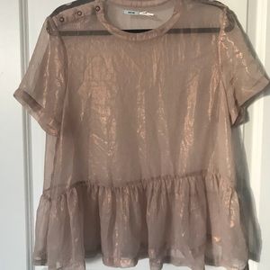 Sheer pearl-shine pink blush oversized blouse